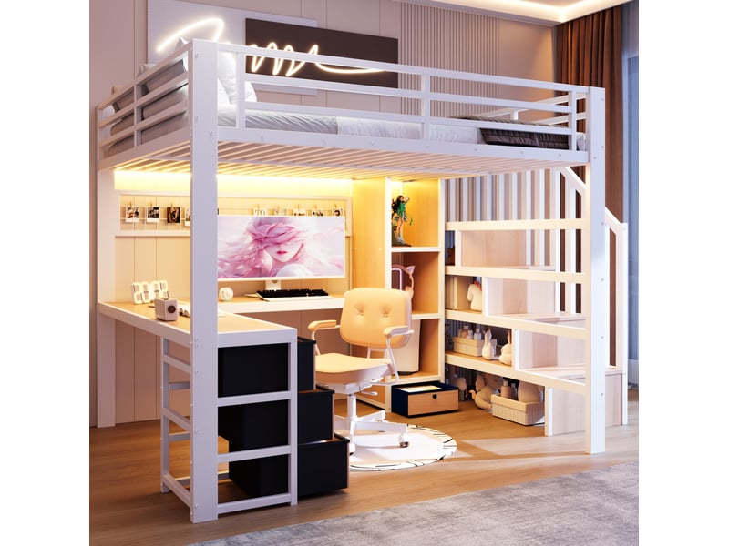Elvmi lit mezzanine 140x200 cm en métal et mdf blanc avec bureau intégré, éclairage led contrôlable par application, étagère, 4 tiroirs, grille de rangement suspendue et escalier avec espaces de rangement - Conforama B