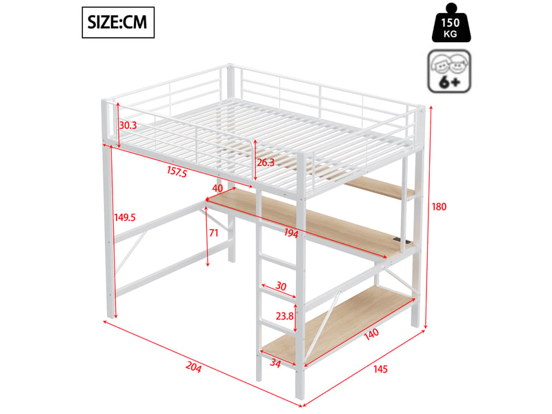  Lit mezzanine 140x200 cm coloris blanc led métal lit enfant blanc - Conforama C