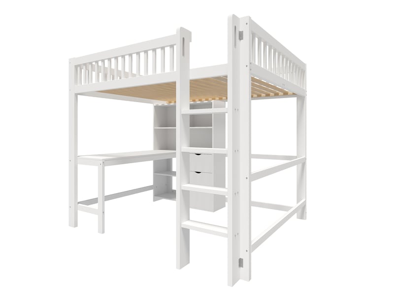 Lit mezzanine avec bureau, 3 tiroirs, rangements et échelle, blanc, 140x200 cm - Conforama D