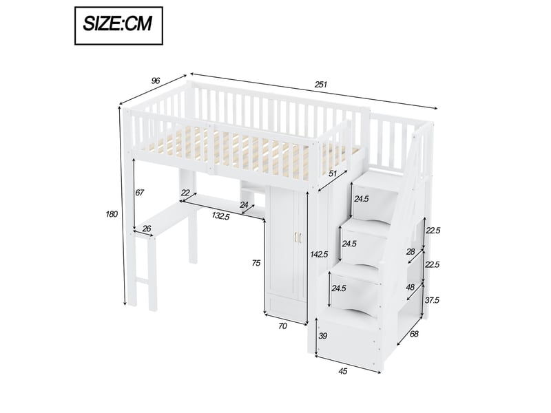  Lit mezzanine tcqpz 90 x 200 cm avec armoire, bureau, étagère et escalier de rangement intégré, bois blanc  - Conforama C