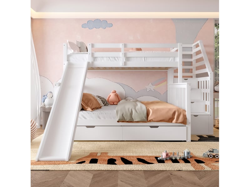  Lit superposé enfant 90x200 et 140x200 cm avec toboggan et tiroirs blanc  - Conforama E