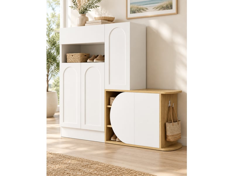  Meuble à chaussures avec banc, 5 portes et 1 tiroir, 130x35x110,5 cm, blanc et effet bois  - Conforama C