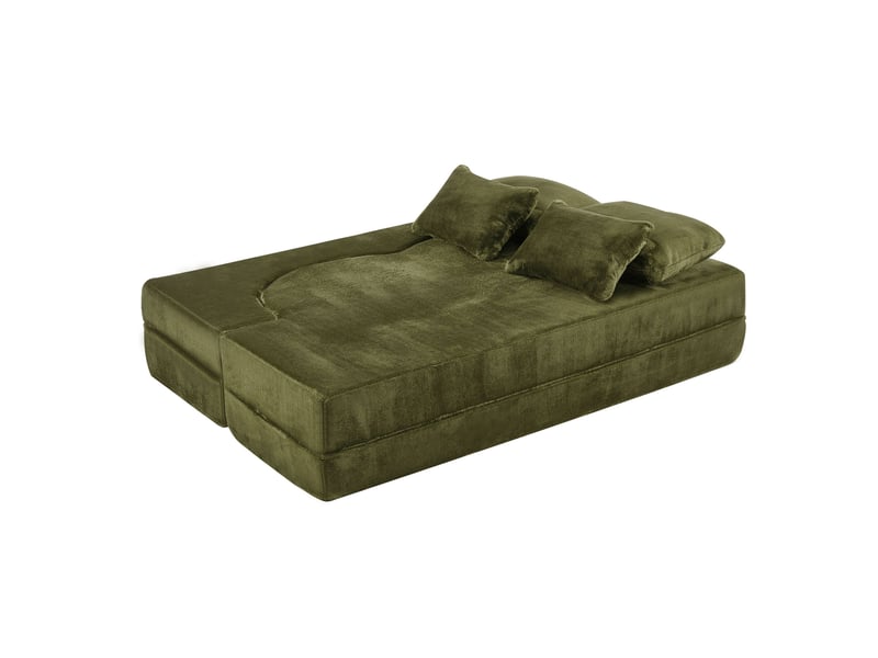  Canapé droit convertible 2 places avec 4 coussins, en tissu flanelle vert  - Conforama D