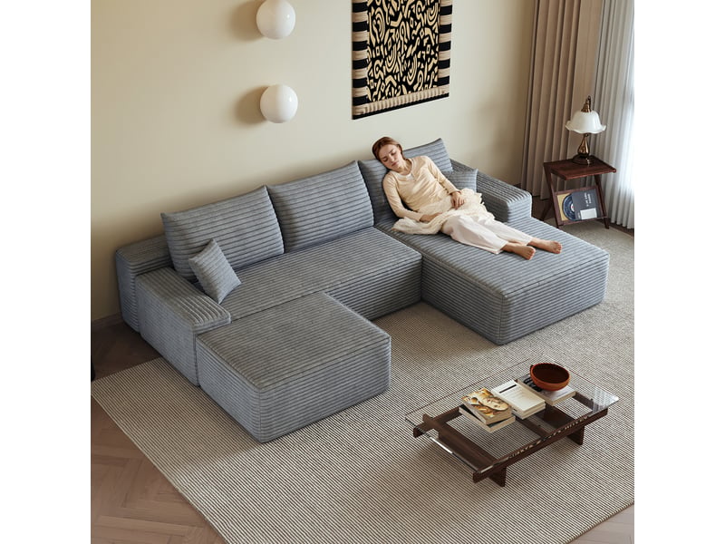 Canapé d’angle modulable 270 x 175 x 83 cm 3 places avec pouf, méridienne en l, assise profonde, sans montage, gris Bliss Lite - Conforama E