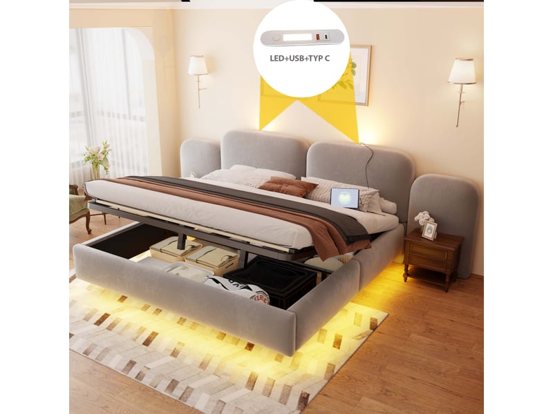  Lit coffre 180x200 cm gris, velours, sommier relevable hydraulique, led rgb, prises usb et type-c, tête de lit rembourrée  - Conforama E