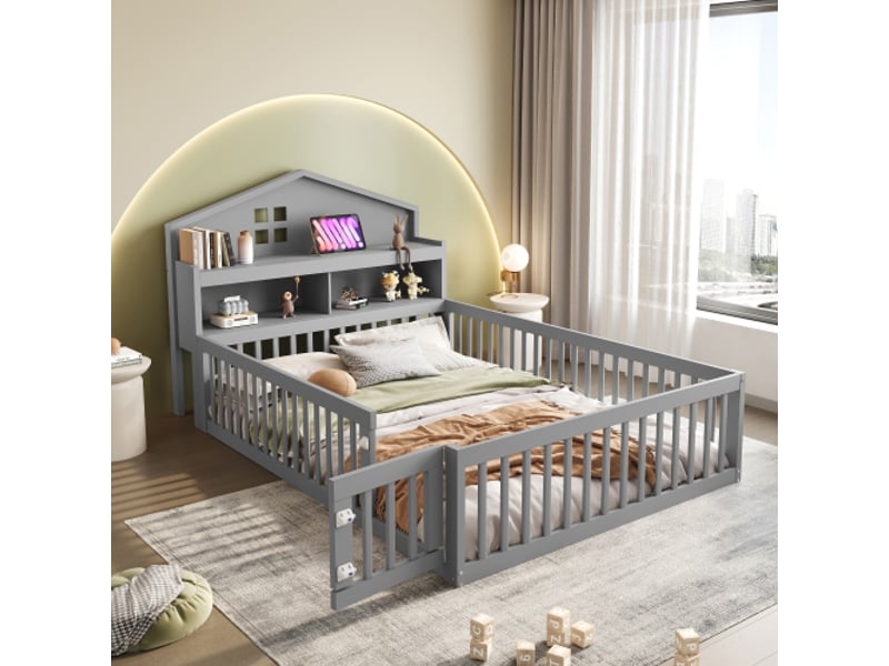  Lit enfant 140x200 cm, tête de lit de rangement et porte, avec lattes, en bois, gris, sans matelas  - Conforama B