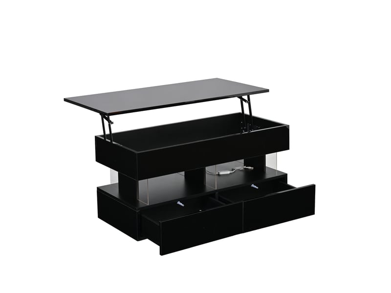  Table basse relevable avec rangement caché et 2 tiroirs, 100x50 cm, mdf noir brillant et led  - Conforama A
