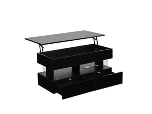 Table basse relevable avec rangement caché et 2 tiroirs, 100x50 cm, mdf noir brillant et led
