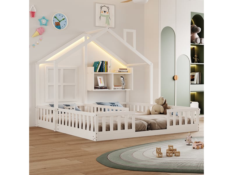  Lit cabane double enfant 90 x 200 cm x2, lit maison en bois blanc avec fenêtres, cheminée, led, étagère, barrières et sommiers à lattes  - Conforama D