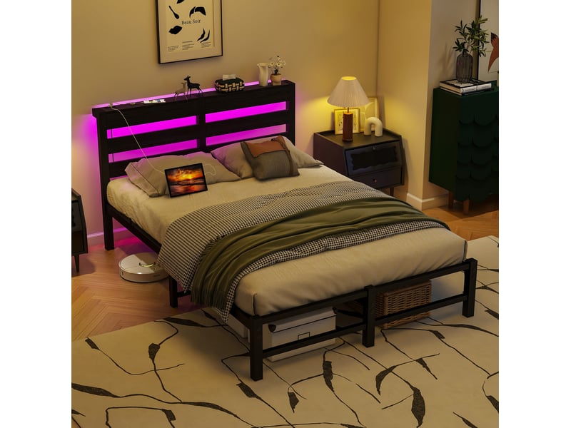  Cadre de lit, 120x200 cm, avec led intégrée, usb, 9 pieds, structure, matelas non inclus, métal et bois, coloris noir  - Conforama D