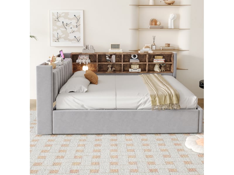  Lit coffre 2 places 140x200 cm avec rangement et ports usb gris clair  - Conforama E