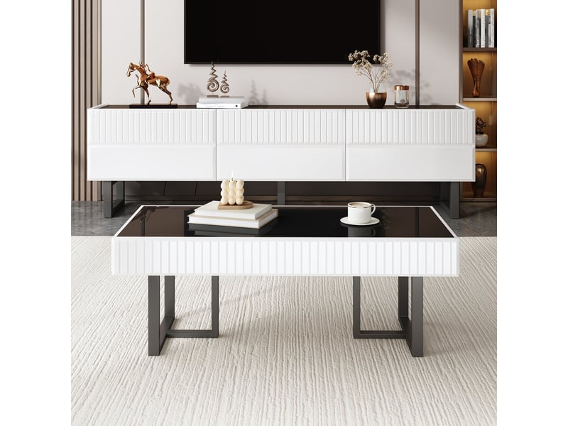  Ensemble meuble tv et table basse rayures bicolores mdf brillant  - Conforama E