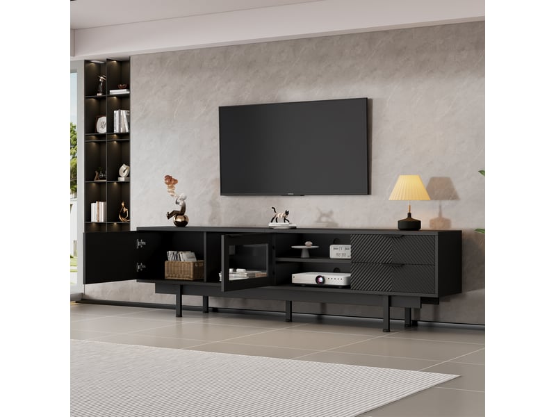  Meuble tv 200x40x50,5 cm, 2 portes, 2 tiroirs, rangement 3 niveaux, pour tv 80 pouces, panneau de particules, noir  - Conforama D