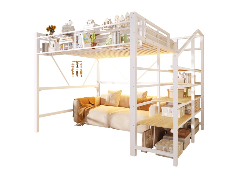  Lit mezzanine 140 x 200 cm en métal, étagère escalier, grille, panier, led, sans matelas, blanc  - Conforama A