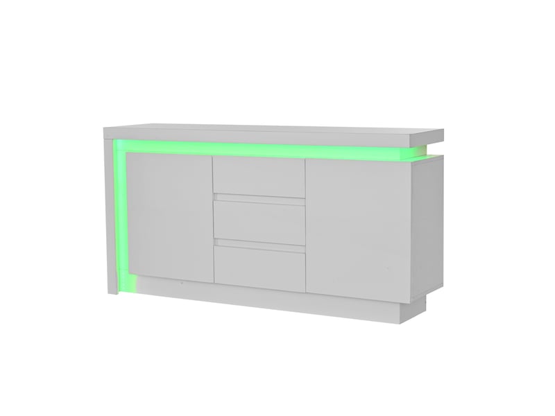 Buffet en panneau de particules blanc, 2 portes, 3 tiroirs, éclairage led, 140 x 35 x 72 cm - Conforama W