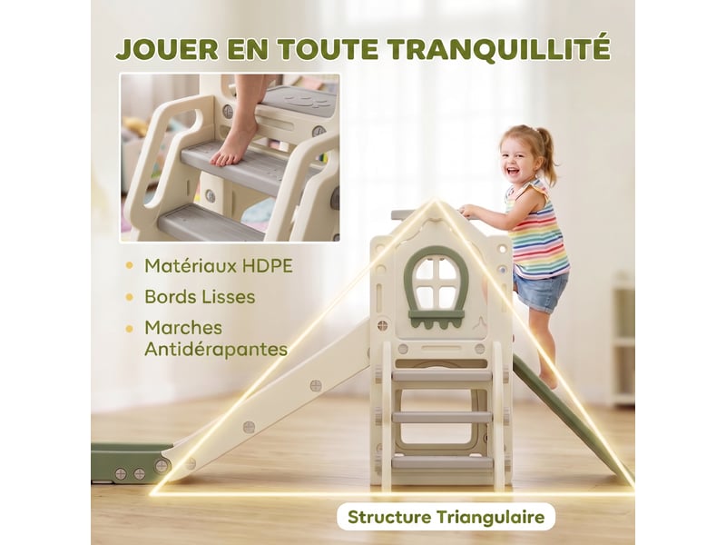  Toboggan pour enfant pliable 5-en-1 avec escalade, panier de basket, espace de rangement et ballon, crème  - Conforama W