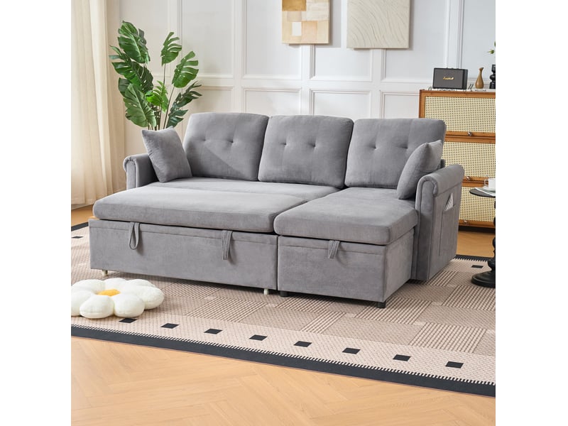  Canapé d'angle convertible réversible 3 places avec coffre en chenille gris, 206 × 130 × 85 cm  - Conforama E