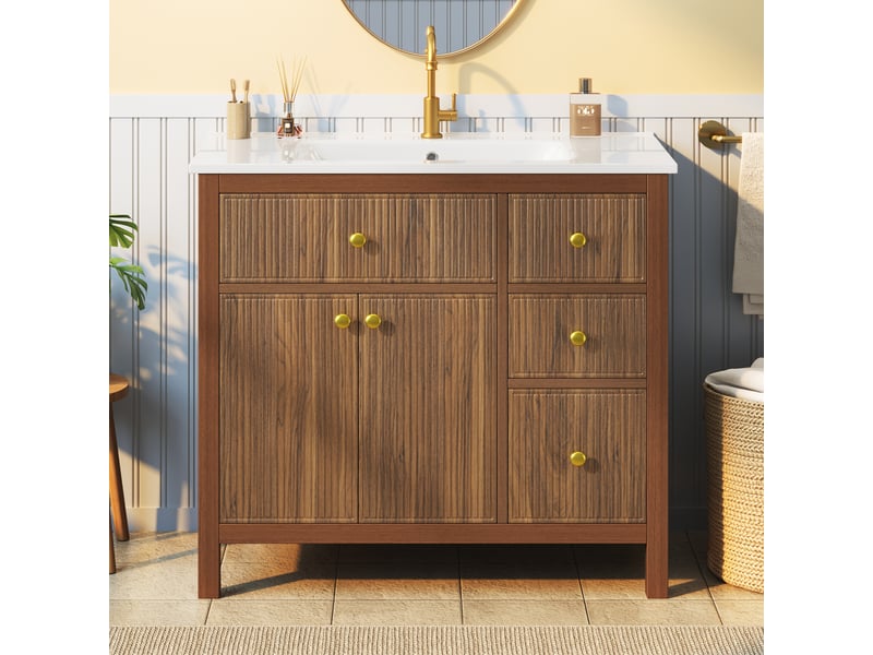 Meuble vasque 91 cm noyer, lavabo céramique, portes soft-close, tiroirs et étagères - Conforama B