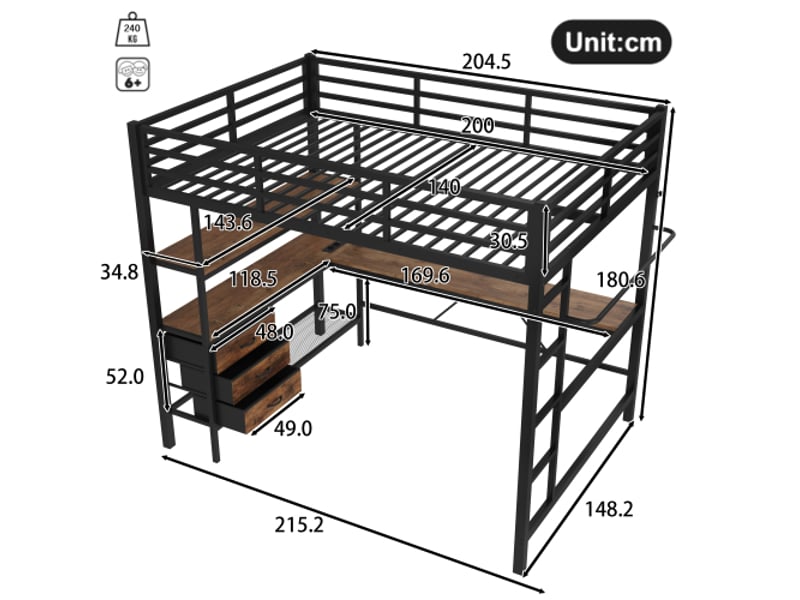  Lit mezzanine 140x200 cm coloris noir led métal lit enfant noir - Conforama C