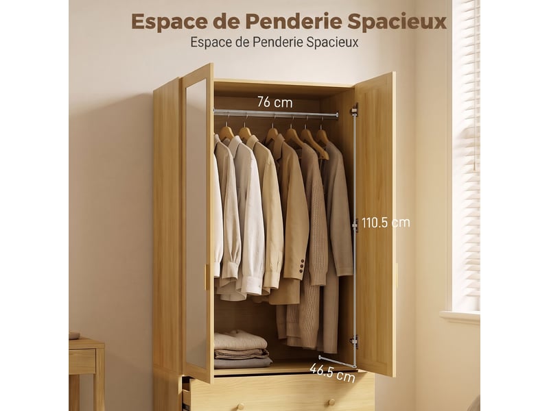  Armoire chambre penderie avec miroir, 2 portes, 2 tiroirs et barre de suspension, 80 x 50 x 180 cm, chêne  - Conforama D