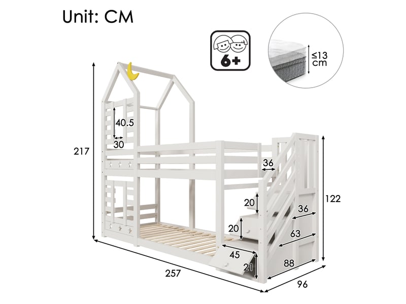  Lit superposé cabane 90x200 cm avec tiroirs et escalier de rangement, sommier à lattes inclus, bois blanc  - Conforama C