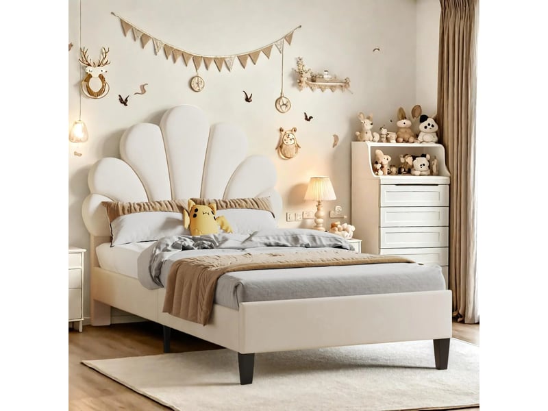  Lit rembourré 90x200cm cadre de lit simple avec tête de lit en forme de fleur et sommier à lattes lit enfant pour adolescente beige velours  - Conforama D