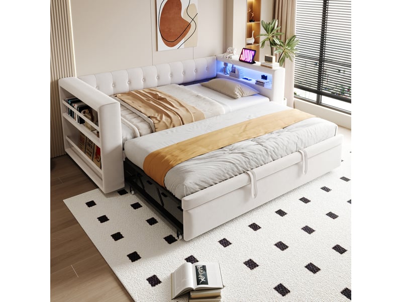  Canapé convertible 90x190 à 180x190 cm avec rangements, led et prises  - Conforama B