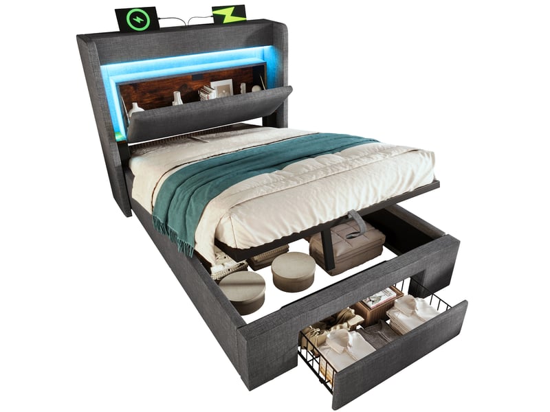 Lit coffre 90 x 200 cm avec matelas, tête de lit avec rangement, éclairage led, prises usb et usb-c, gris lin - Conforama A