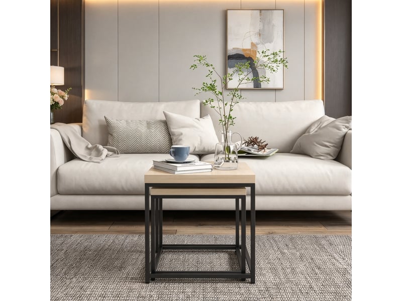  Lot de 2 tables basses gigognes, table basse carrée 45 x 45 cm, acier et bois naturel, design moderne gain de place.  - Conforama D