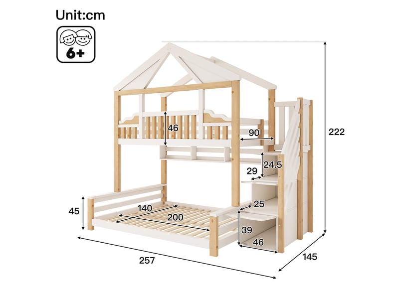  Lit superposé maison 90x200 et 140x200 cm avec escalier de rangement blanc et bois naturel  - Conforama C