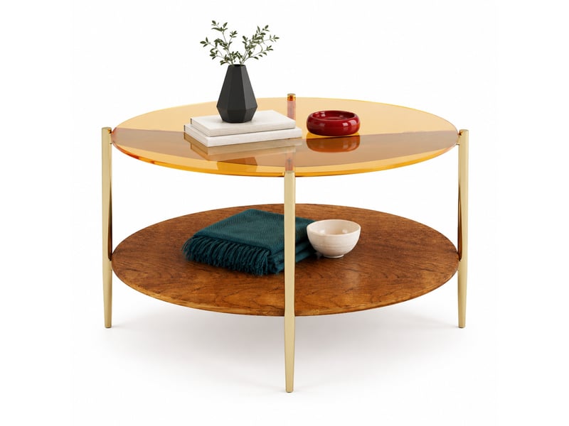  Table basse ronde 82 cm à plateau en verre trempé doré et rangement ouvert  - Conforama A
