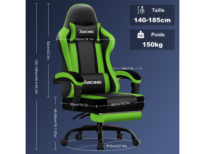Chaise gaming, fauteuil de bureau ergonomique avec repose-pieds télescopique, chaise bureau avec appui-tête et soutien lombaire, fauteuil gaming ergonomique 150 kg, réglable en hauteur, vert - Conforama W