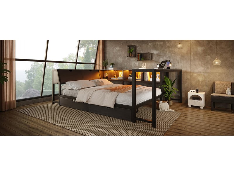 Lit adulte 140 x 200 cm, cadre de lit avec rangement, tiroirs de rangement, bureau intégré, éclairage led, tête de lit, métal, noir Morn Vibe - Conforama E
