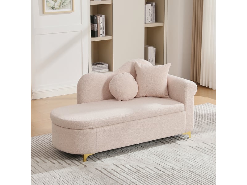  Méridienne avec coffre de rangement, dossier ondulé et 2 coussins, tissu effet mouton rose clair, 134×64×70 cm  - Conforama C
