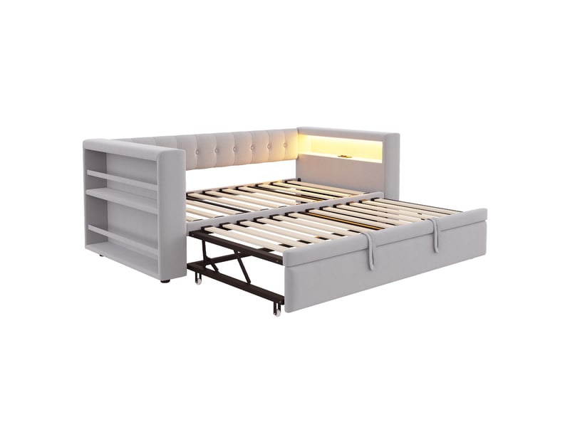 Lit gigogne 90-180x190 cm 2 en 1 avec led et charge, flanelle, gris clair, sans matelas - Conforama E