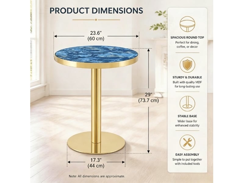  Table d’appoint ronde, table basse moderne table salon style effet marbre, plateau mdf, piètement métal, coloris bleu  - Conforama C