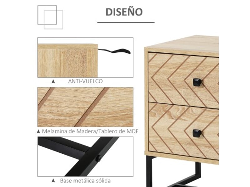  Table de chevet table de nuit style graphique 48l x 39,5l x 60h cm 2 tiroirs métal noir panneaux particules mdf imitation bois clair  - Conforama E