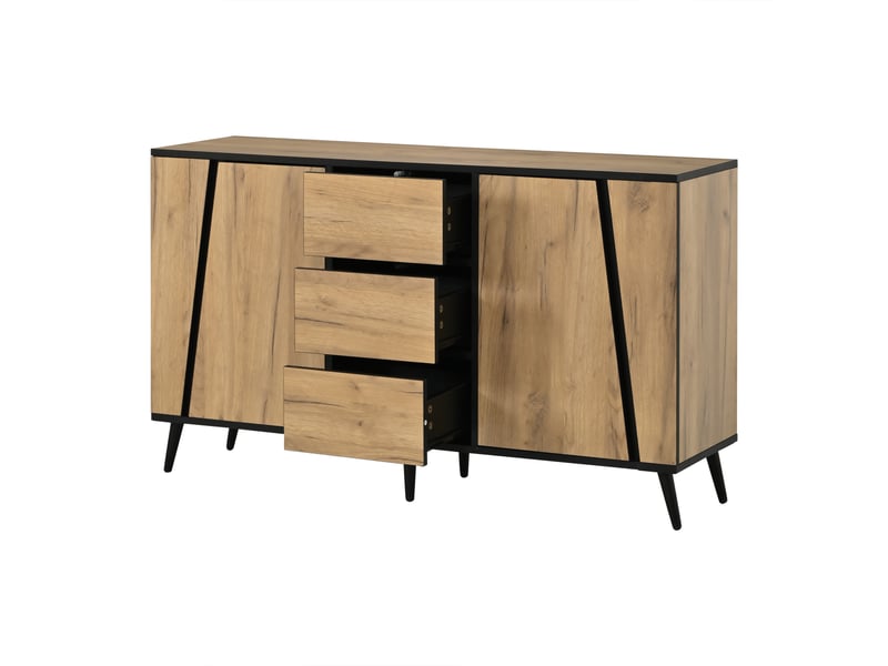  Buffet scandinave 120cm, meuble de rangement bois et noir, 2 portes 3 tiroirs  - Conforama A