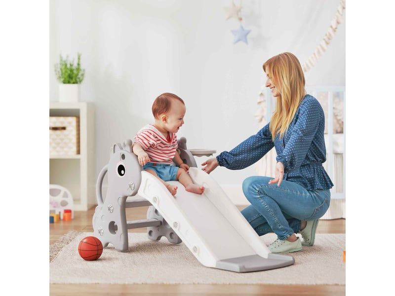 Toboggan pour enfants 3 en 1 en forme de girafe avec panier de basket, escalade et ballon, 106 x 51,5 x 52 cm, gris - Conforama B