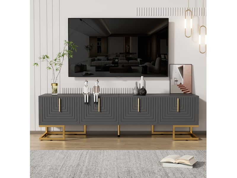  Meuble tv 170 cm gris anthracite, 4 portes texturées et pieds métalliques dorés  - Conforama D