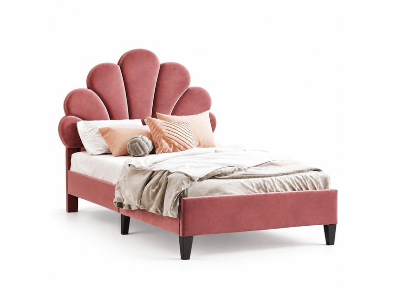 Lit enfant 90x200 cm cadre rembourré en velours, tête de lit design pétale, pieds métalliques dorés, structure stable charge 150kg  - Conforama A