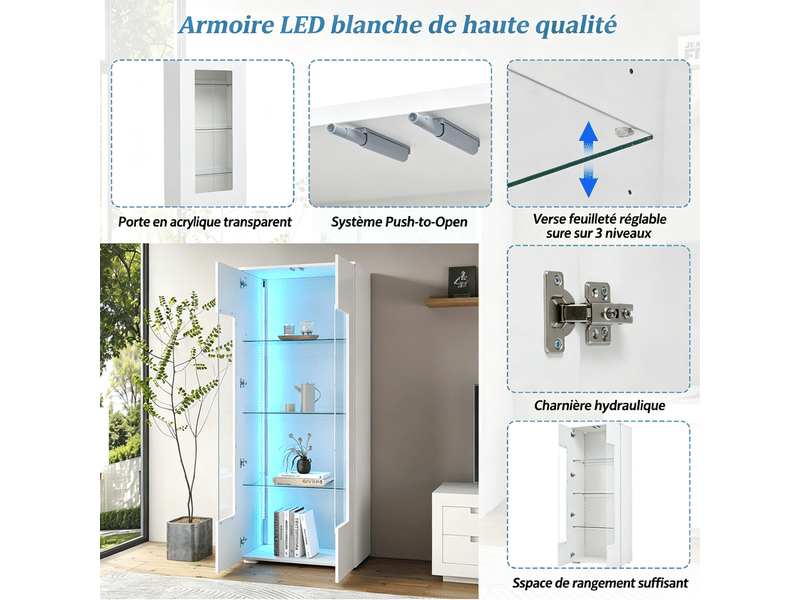  Vitrine de salon, meuble de rangement à 2 portes en acrylique, avec led, mdf, 70x40x173 cm, blanc  - Conforama E