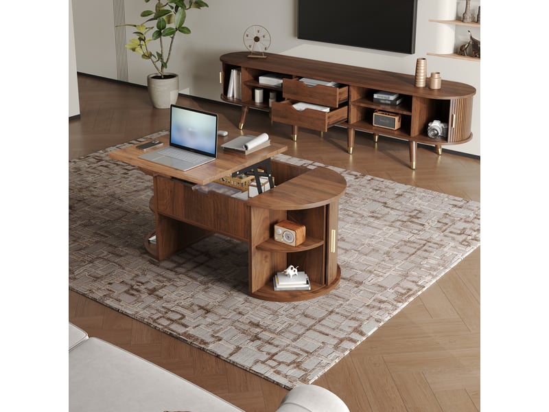  Ensemble de meubles de salon 2 pièces – table basse relevable + meuble tv – portes coulissantes – stries verticales – aspect bois  - Conforama B