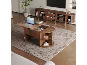 Ensemble de meubles de salon 2 pièces – table basse relevable + meuble tv – portes coulissantes – stries verticales – aspect bois