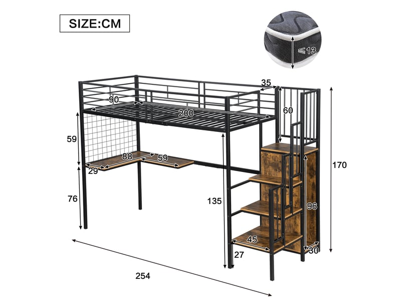  Lit mezzanine 90x200 cm avec bureau et rangement, noir et bois foncé  - Conforama E