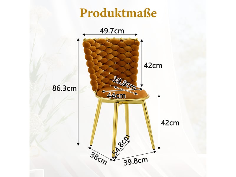 Lot de 2 chaises de salle à manger avec dossier tressé - pieds en métal doré, velours orange 62,0 × 58,0 × 51,0 cm - Conforama D