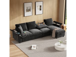 Canapé d'angle panoramique fixe <strong></strong> <strong></strong> 2 places Coton / Lin gris avec coffre de rangement