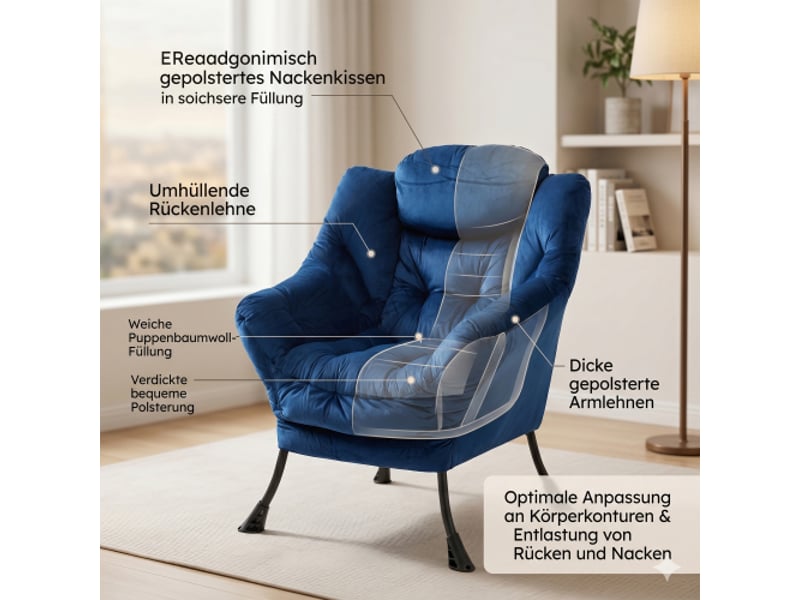  Fauteuil avec repose-pieds - fauteuil inclinable avec accoudoirs, poche latérale - fauteuil à oreilles - bleu foncé  - Conforama D