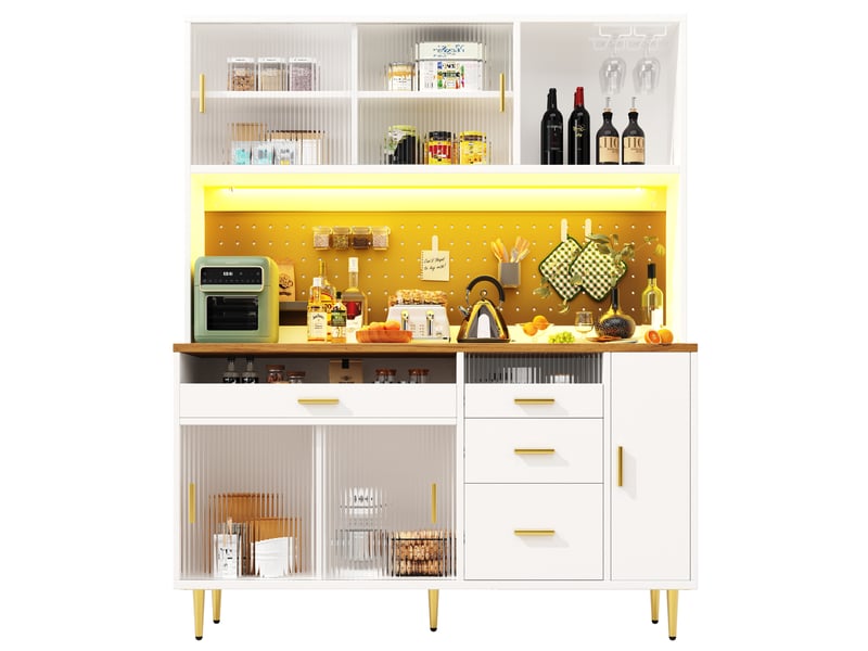  Buffet de cuisine 5 portes 4 tiroirs - 145 cm blanc led mdf buffet de cuisine blanc - Conforama A