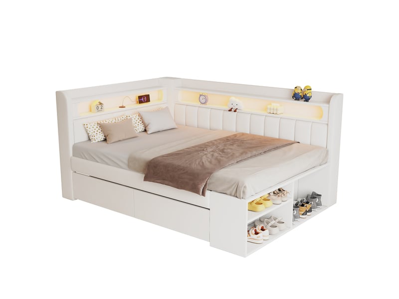 Lit avec rangement 90x200 cm blanc avec led, usb, 2 tiroirs et meuble à chaussures - Conforama A